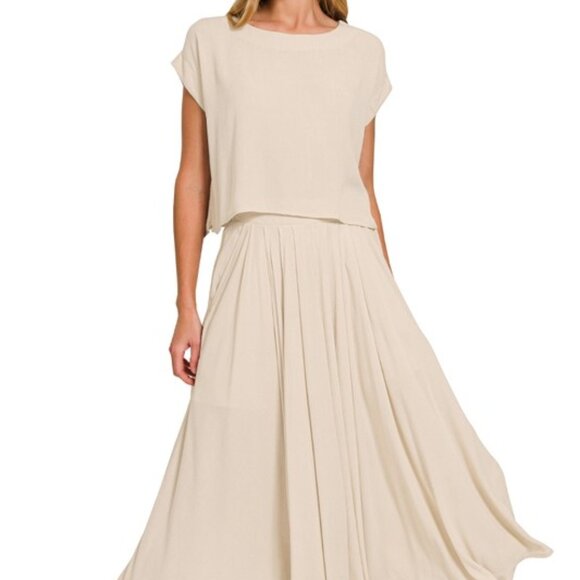 Dresses & Skirts - Sand Beige Woven Crinkle Gauze Crop Tee & Skirt Set NWT